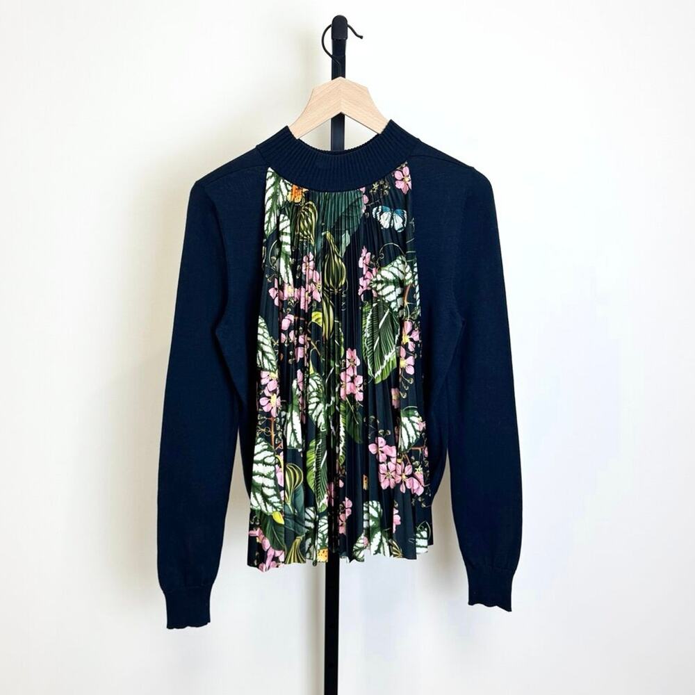 Oscar de la Renta Navy Cotton Mockneck Sweater XS Floral Pleated Back Panel LS